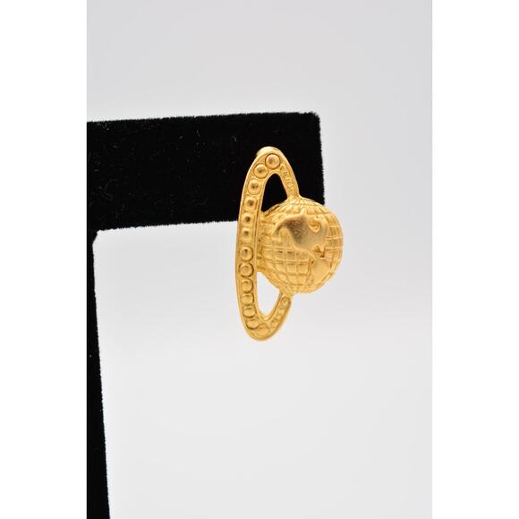 Vintage Saturn Earrings Planet Globe Earth Celestial Brushed Gold NOS 80s BinA9 - Picture 7 of 12